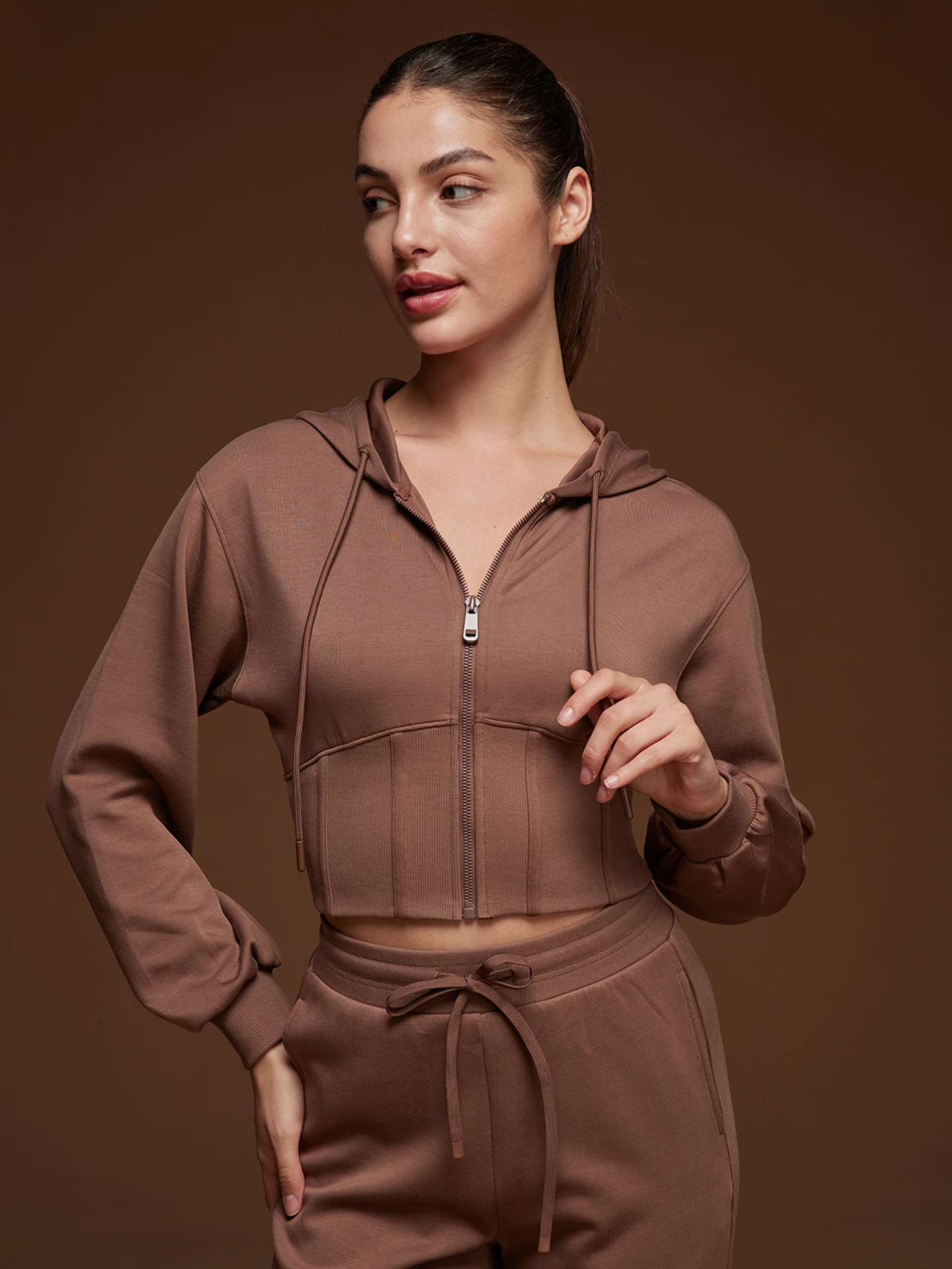 Slimming American Style Short Fishbone Waist Cinching Hoodie Women's Casual Yoga Top Sports Hooded Open Cardigan Jacket