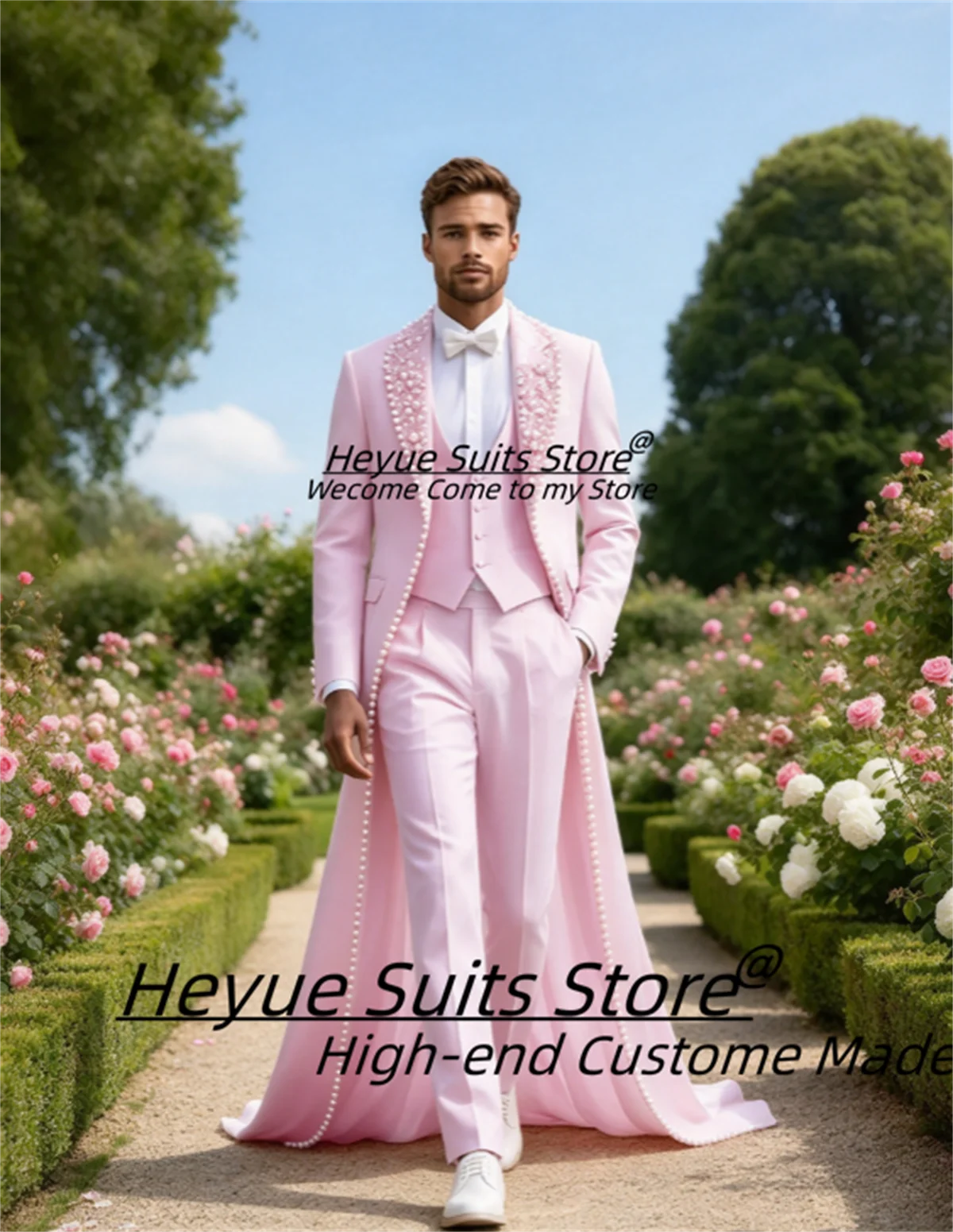 Luxury Pink Mens Suits Customized Slim Fit Handmade Pearl Beading Long Tail Shawl Lapel Groom Wedding Tuxedos 3 Pieces Sets