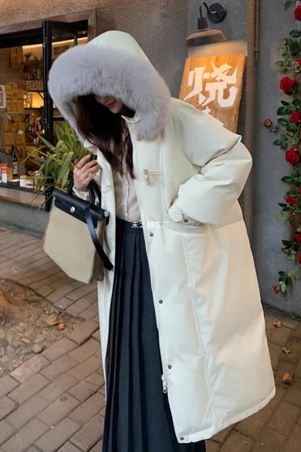 معطف بياقة كبيرة على الطراز الكوري مزود بأزرار وتفاصيل عصرية فوق الركبة وطول شتوي سميك للنساء #1