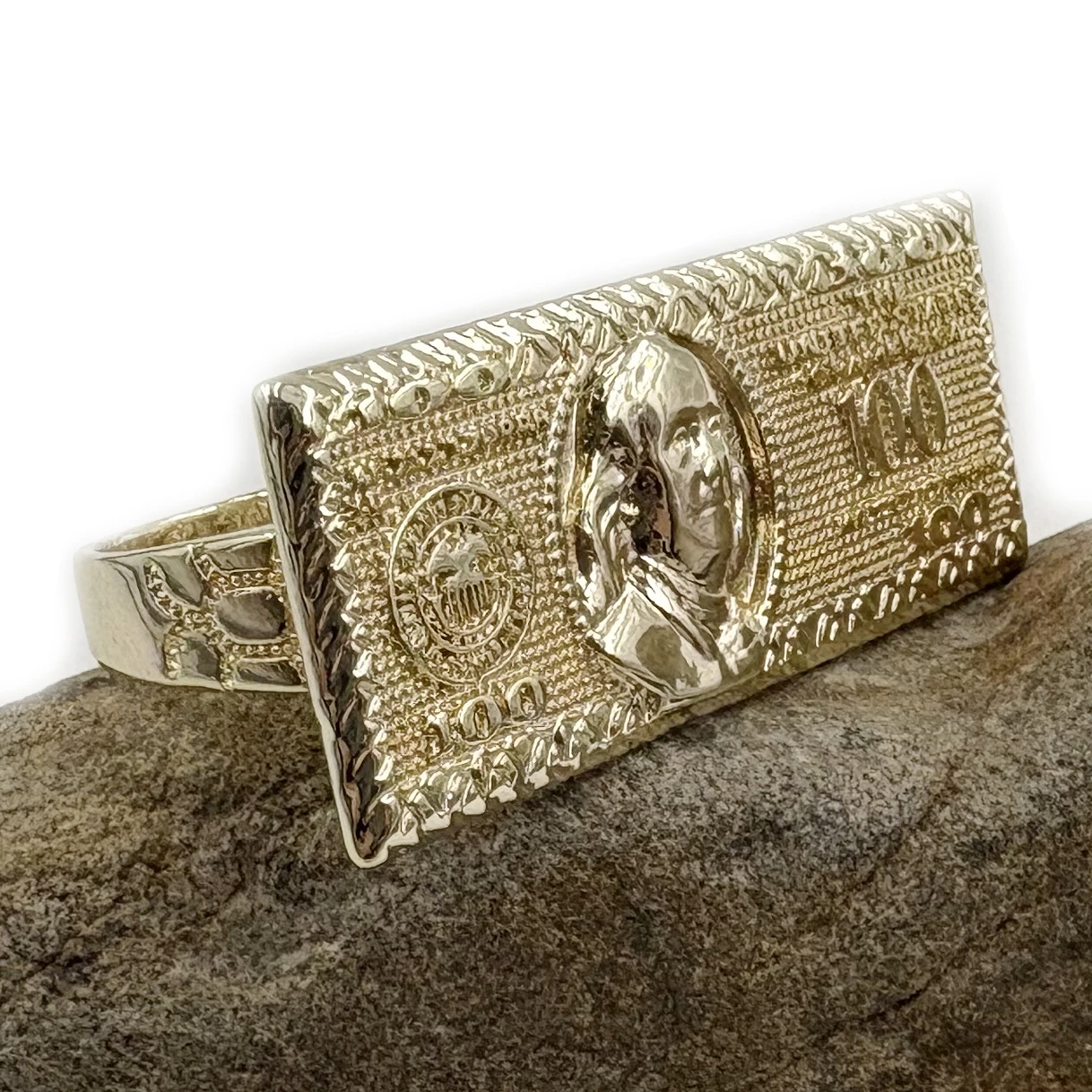 100 Dollar Bill Design 2 Finger Ring Heavy Rough Hip Hop Style 14K Gold Plated Big Size Men's Party Gift US Dollar Theme view 4