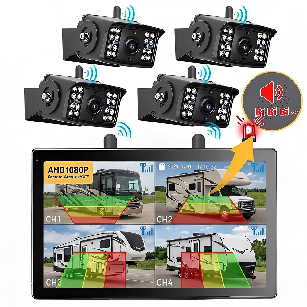 Wireless 10.1 Inch Touch Screen DVR Monitor Blind Spot Detection Alarm 1080P IR Night Vision AHD Rear View Camera for Truck RV