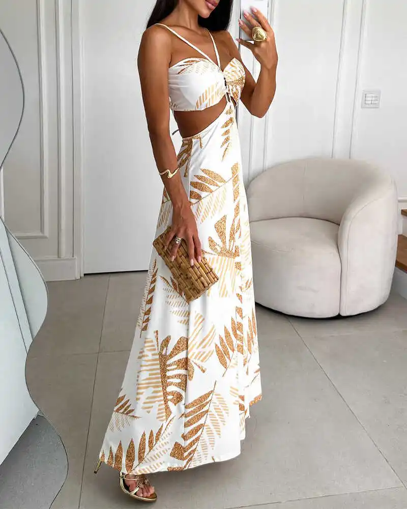 Damska sukienka plażowa z nadrukiem, ażurowa, z wysokim stanem, długa spódnica, dekolt w serek, wyszczuplająca, rozkloszowana, letnia kolekcja 2024.