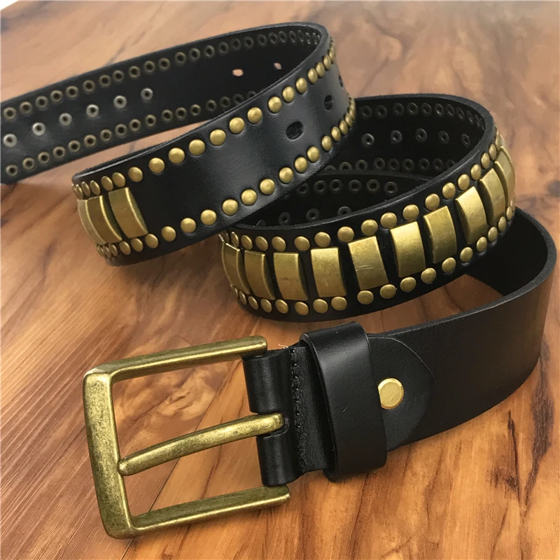 Kulit Asli Berat Logam Rivet Punk Ikat Pinggang untuk Pria Rock Stud Koboi Sabuk Pria Ceinture HOMME Sabuk Pinggang Cinturon Mujer TBT0088