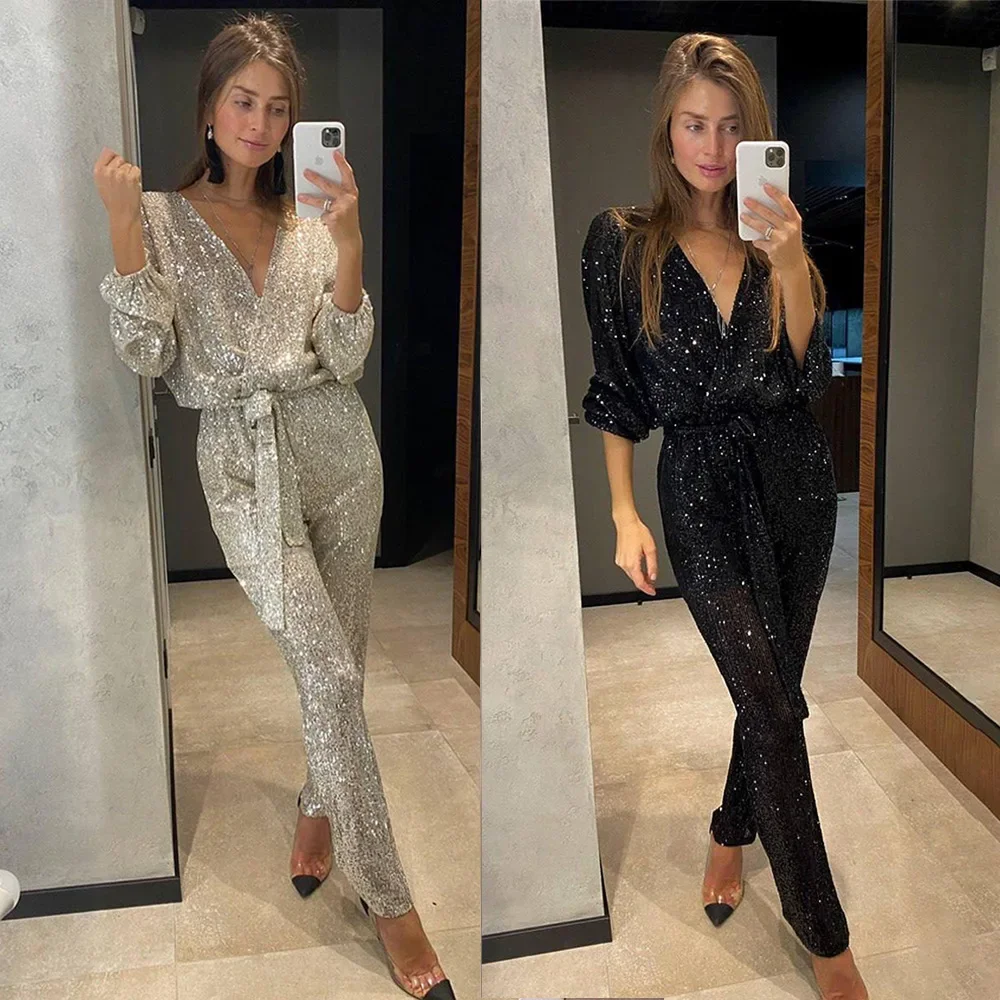 

Jumpsuits Women Sequins Overalls Party Night Straight Pants One Piece V Neck Lace Up Tight Waist Rompers Trousers 2025 Autumn