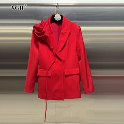 VGH Casual Gespleißt Applikationen Solide Blazer Für Frauen Kerb Kragen Langarm Patchwork Taschen Minimalistischen Blazer Weibliche Neue