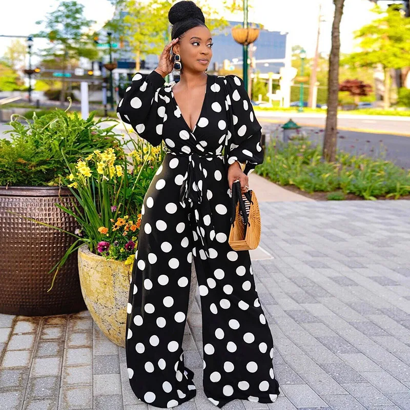 

Polka Dot Printed Elegant Jumpsuits for Women Lantern Sleeve V-neck Loose Rompers Womens Jumpsuit Club Party One Piece Overalls