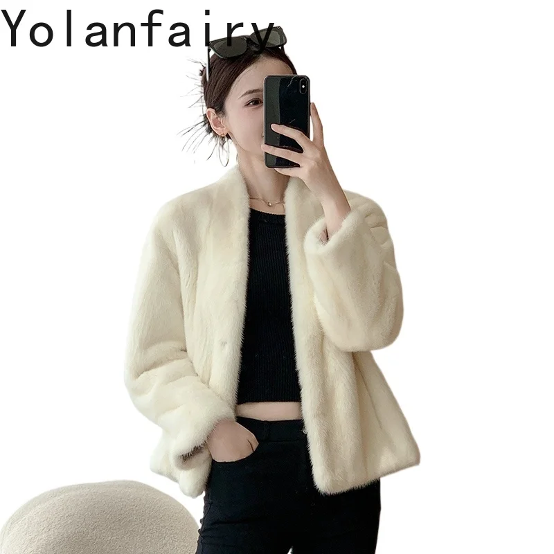 YOLANFAIRY Naturalny Płaszcz z Futra Damski Luksusowy 2025 Zimowy Prawdziwy Futro z Norek Całe Kobiety Odzież Modna Krótka Kurtka z Futra Odzież Wierzchnia