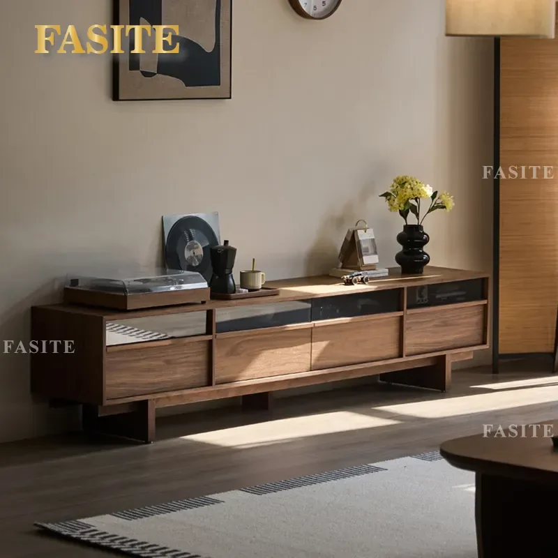 For Medieval Walnut TV Cabinet Solid Wood Simple Living Room Storage Floor Console Table Apartment Household Furniture