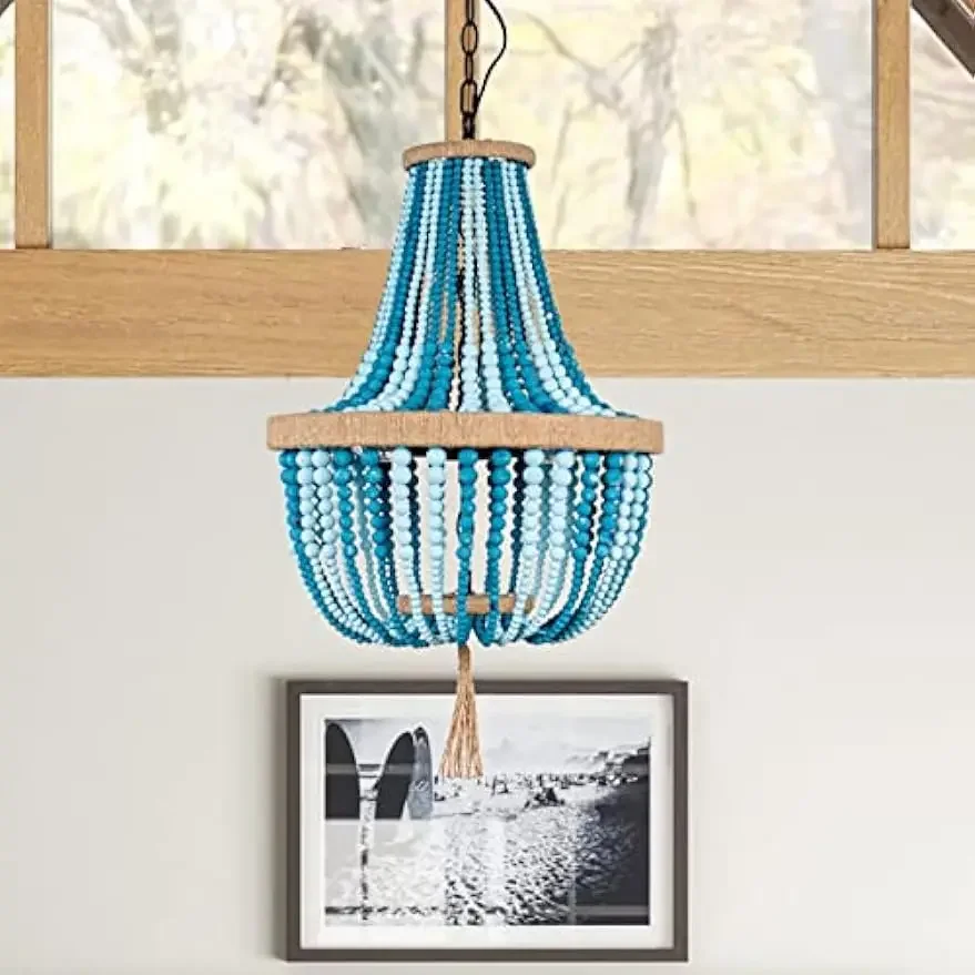 YECTSKIFrench Chandelier, Grey Blue Wood Bead Chandelier,Transitional Rustic Chandelier,for Dining Room Kitchen Island Bedroom