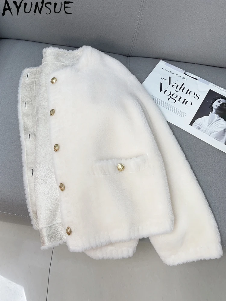 سترة نسائية من الصوف الطبيعي 100% من AYUNSUE لخريف وشتاء 2025 سترة أنيقة من الفرو ملابس نسائية ملابس خارجية قصيرة Abrigo Mujer