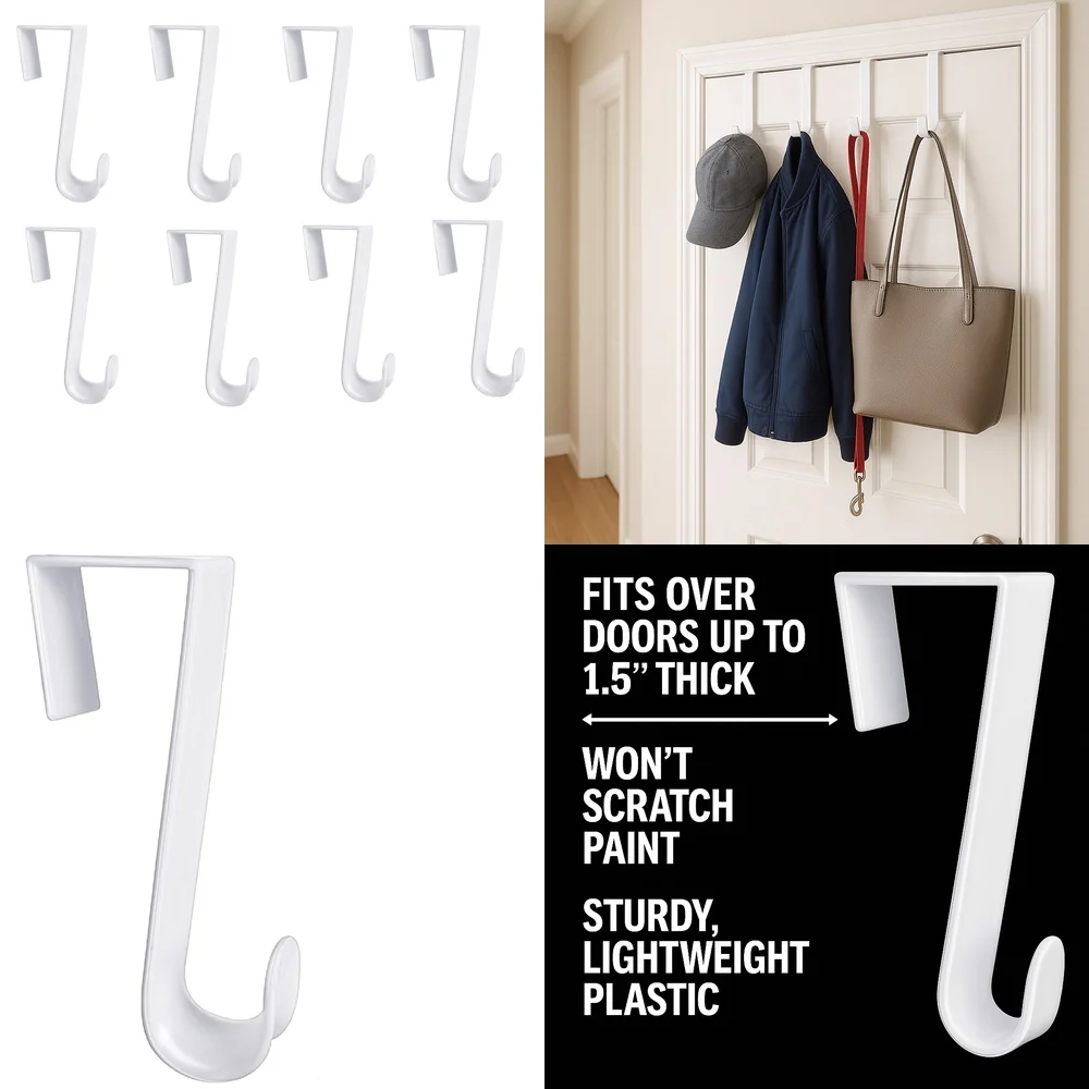 

Hook behind the door8 Pack Door Hooks 4.5 Inch Heavy Duty Plastic Hangers for Towels Robes Clothes White Wall Mounted No Drill
