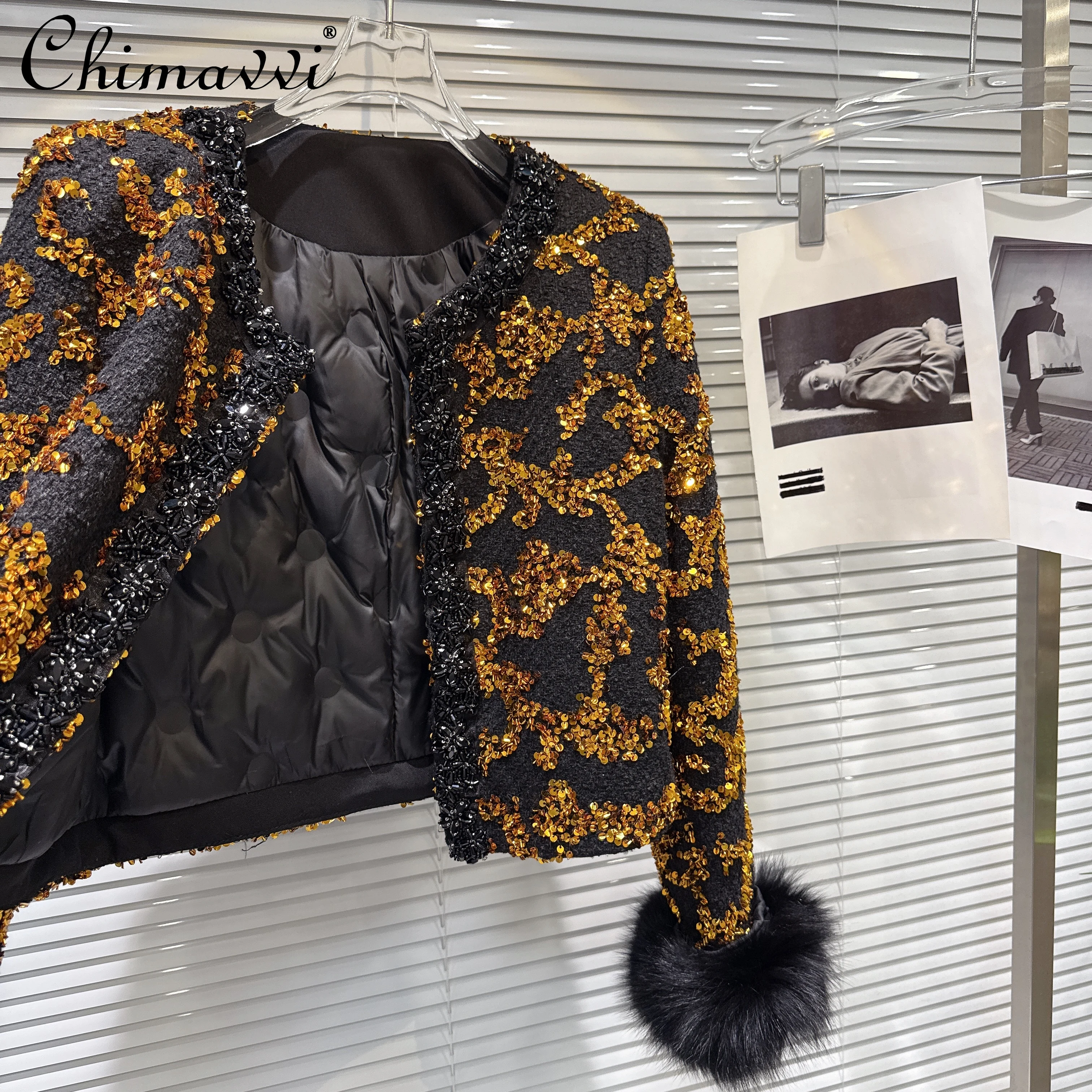 

French Elegant Socialite Beaded Gold Sequin Round Neck Furry Long Sleeve Straight Down Lined Coat for Women Winter Short Jackets