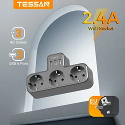 TESSAN Black EU Wall Socket Extender with 1/3 AC Outlets and 2/3 USB Ports Power Adapter Overload Protection for Home/Office