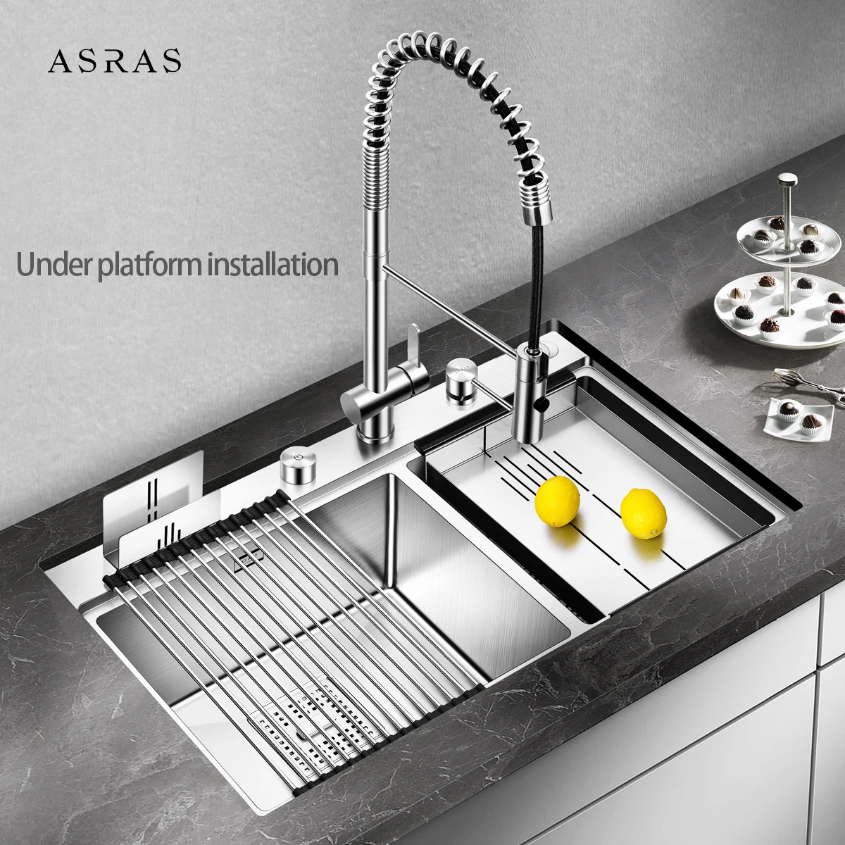 Asras 8248T SUS304 handmade kitchen sink multipurpose with accessories fine brushed  drainer  tap 