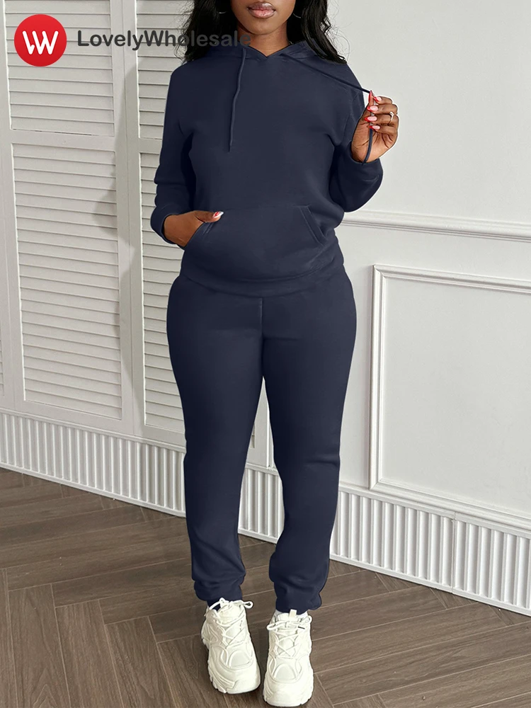 

LW Autumn Pants Sets for Women 2 Pieces Casual Tracksuit Solid Hoodie Kangaroo Pocket Sweatshirt Tops Lady Trousers Set 2024 New