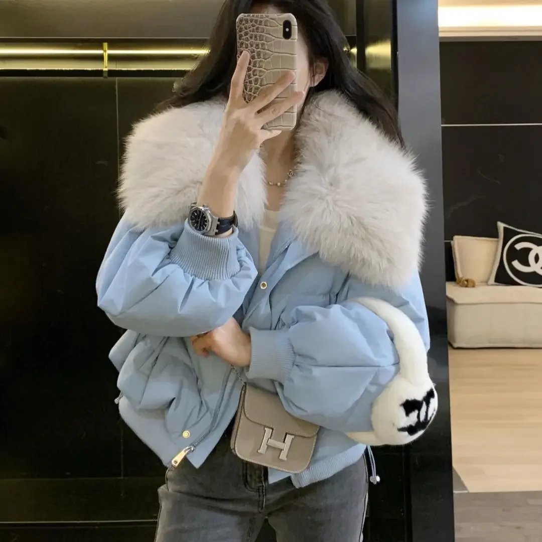Fashion design sense splicing large fur collar cotton-padded clothes winter new thickened warm jacket
