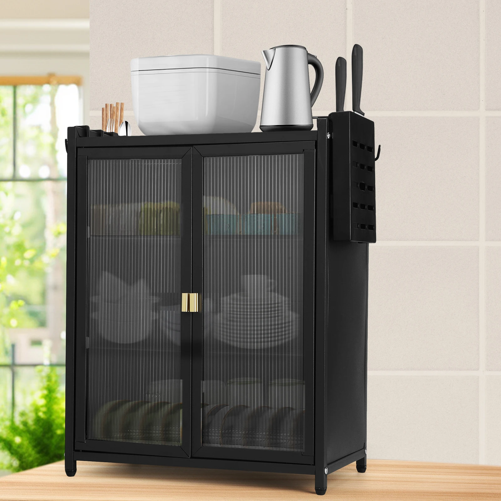 

3-Tier Dish Cabinet Dustproof Drainer Cabinet with Double Door Kitchen Organizer with Chopstick Baskets