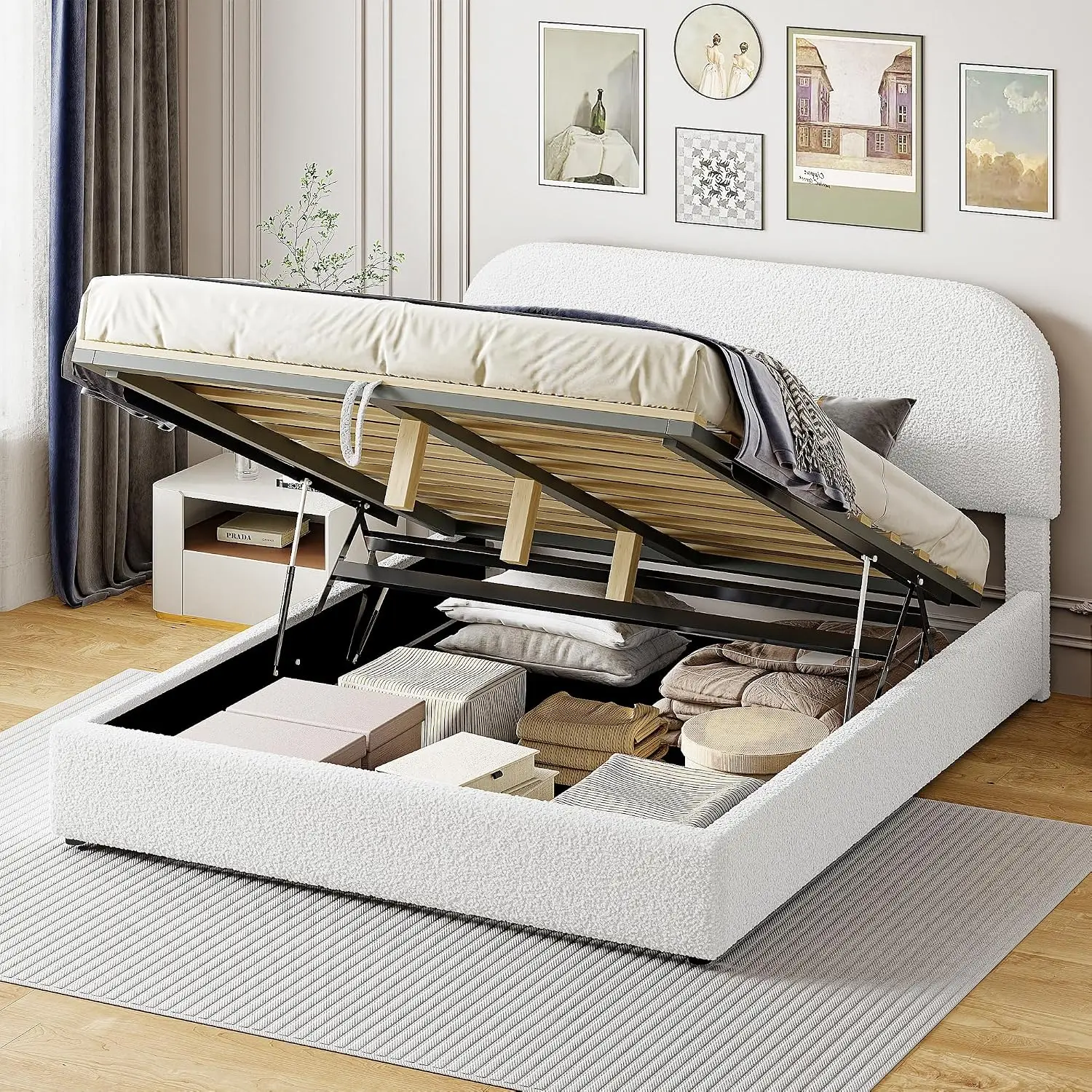 Teddy Fleece Upholstered Platform Bed with Hydraulic Lift Storage, Queen Size, Customized - view 3