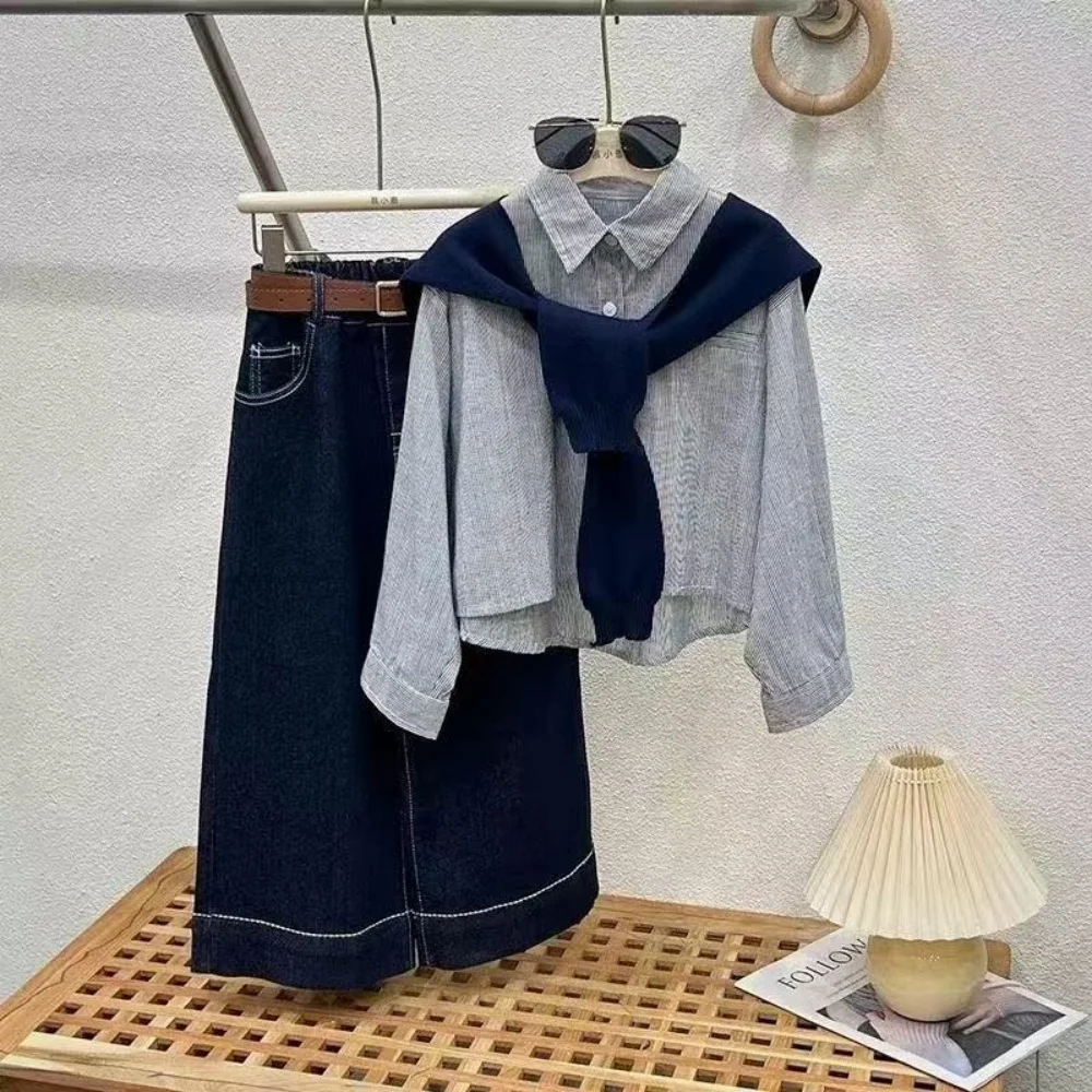 Girls' Spring and Autumn Set New Teenager Children's Fashion Striped Shirt Knit Shawl Cowboy Straight Pants Three Piece Set