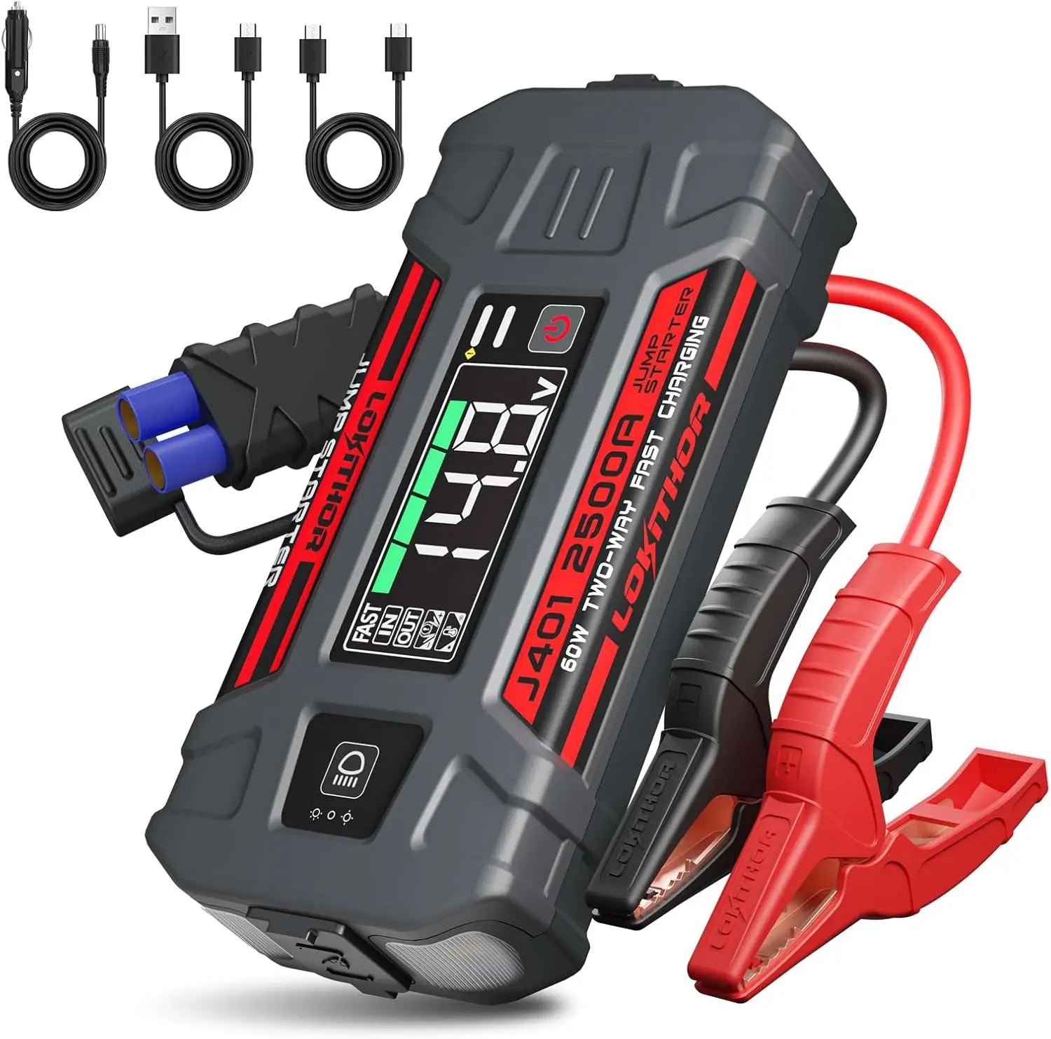 J401 2500A بطارية السيارة المحمولة Jump Starter، 12V، 60W شحن سريع، شاشة LED، للغاز 8.5L والديزل 6.5L #1