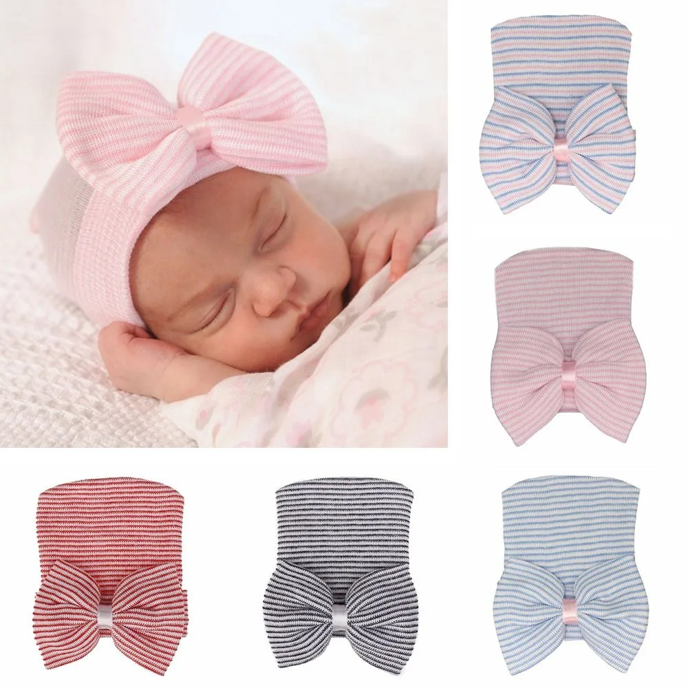 Newborn Hospital Hat Baby Hats Nursery Beanie Cap with Bow Cute Stripe Infant Hat Soft Turban Hats for Baby Girls