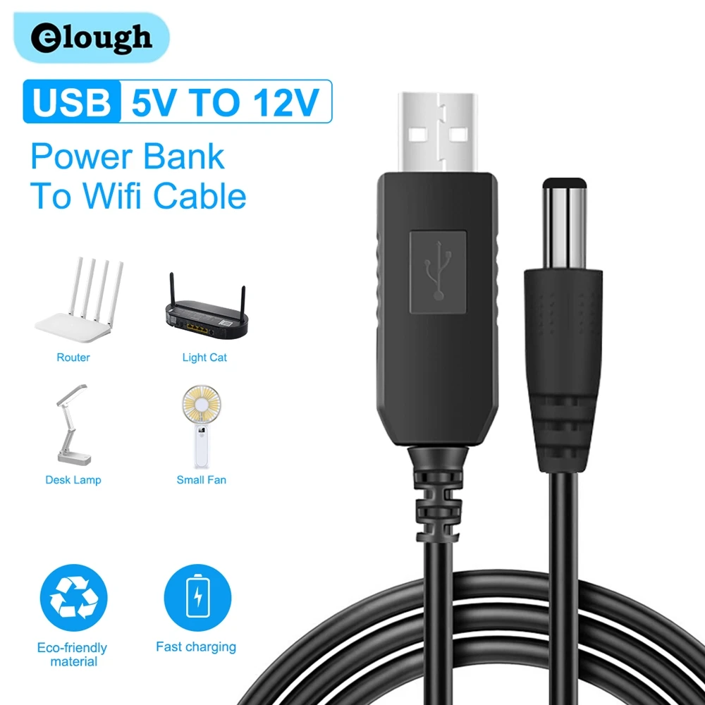 Elough USB DC 12v 9v Cable WiFi to Powerbank Cable Connector DC 5V to 12V USB Cable Boost Converter For WIFI Router Fan Speaker