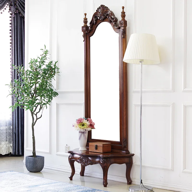 

American full-length mirror European-style home use solid wood whole body floor light luxury retro