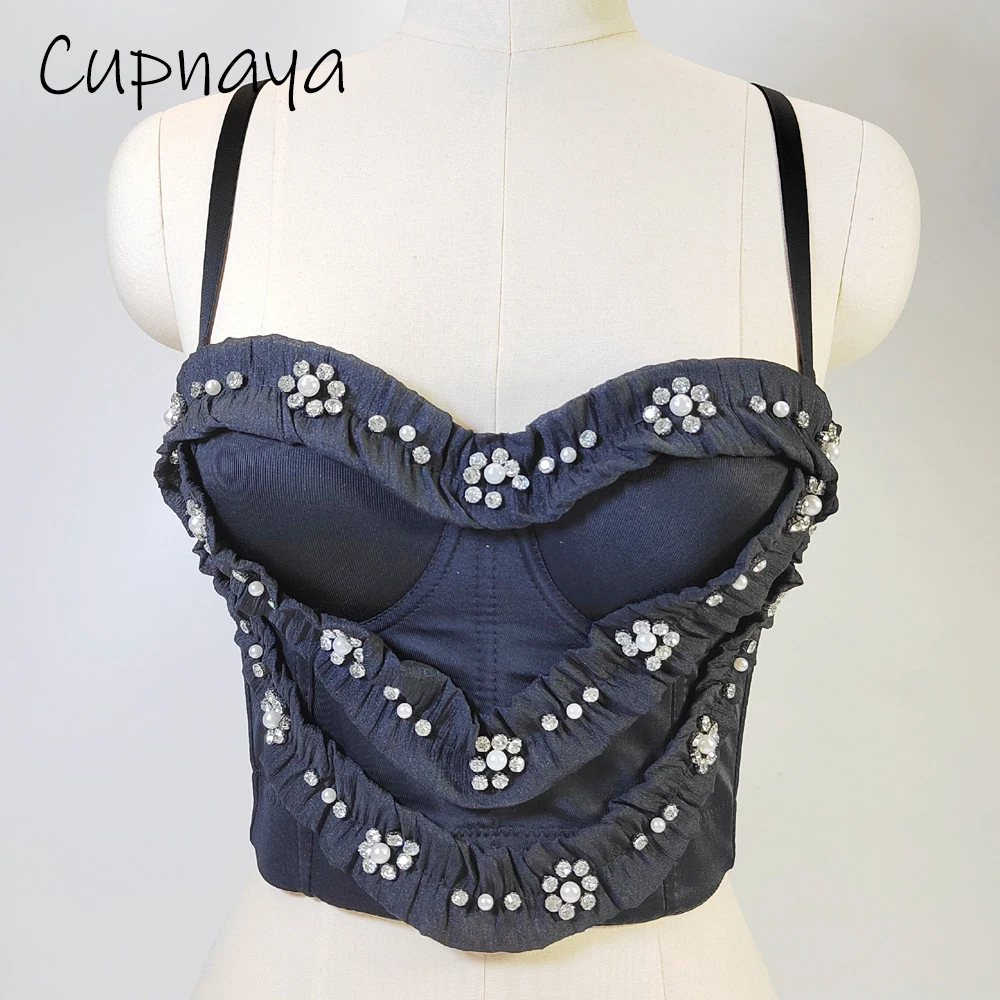 Cupnaya Sparkle Slowflakes Sweetheart Rhinestones Women Sexy Bustier Black Bra Pad Push-Up Short Corset Inside Cami  Crop Tops