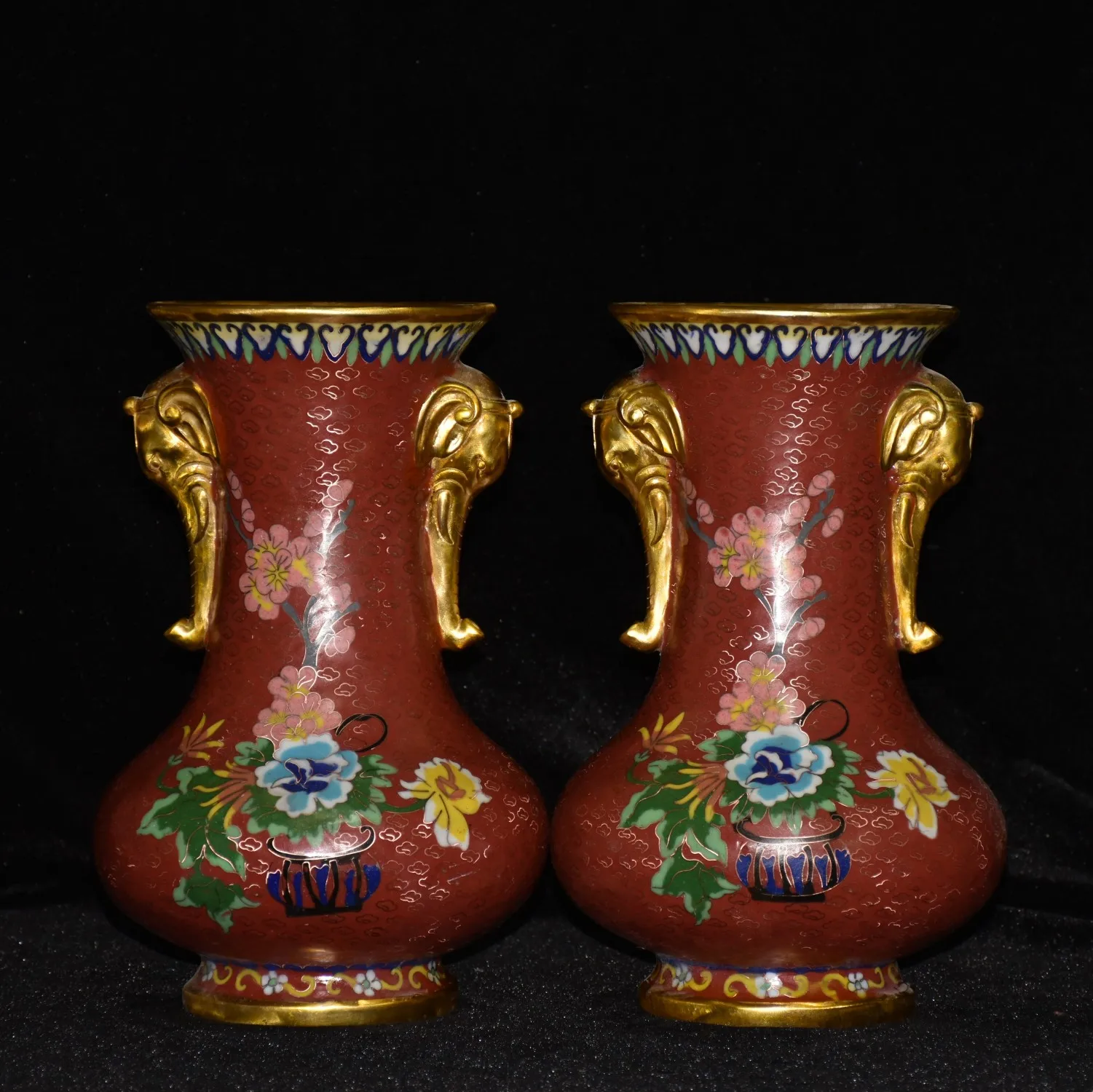 

18"Tibetan Temple Collection Old Bronze Cloisonne Enamel Floral Pattern Elephant Nose Ears Vase A Pair Ornament Town house