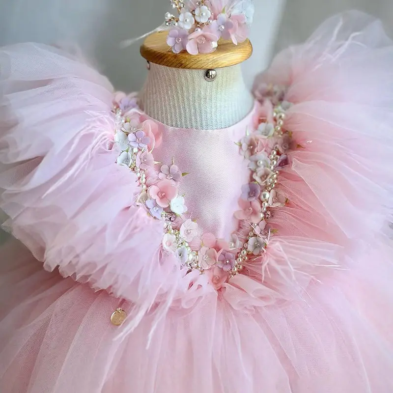 Girls Cute Flower Beaded Design Pink Birthday Princess Ball Gown Children Wedding Party Dress y1794