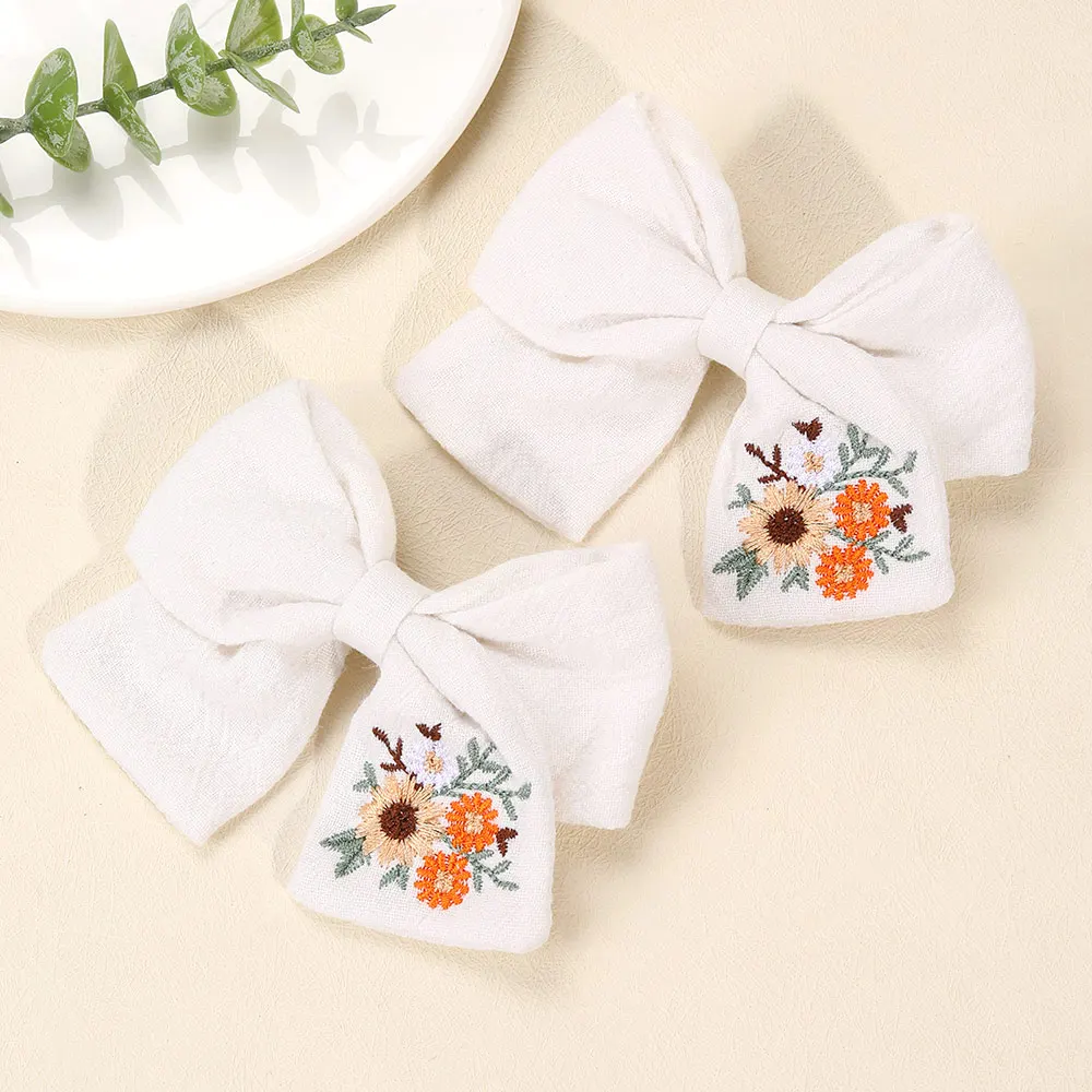 2Pcs Embroidered Flower Hair Bows Clips For Girls Cute Bowknot Hairpin Kids Ribbon Barrettes Headwear Hair Accessories