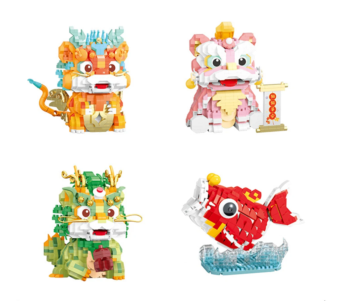 Lion Dance Micro Building Blocks Lion Dance Koi Fish Model Chinese Culture Mini Brick Figure Toys For New Year Decorations Gifts