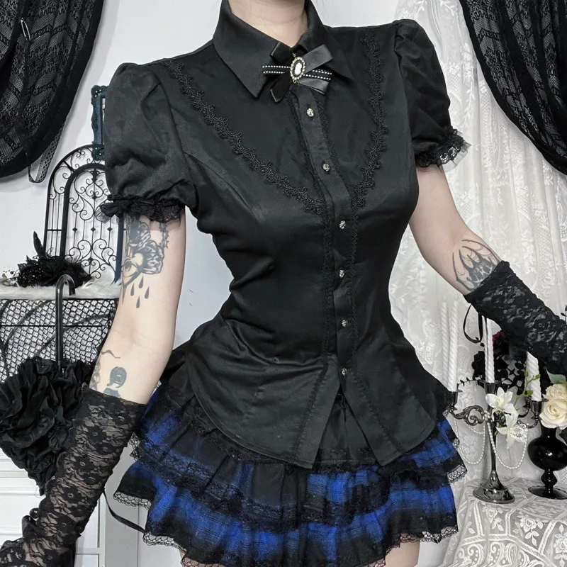 Gothic Lolita Y2K Blouse Lace Bow Tie Puff Sleeve Slim Fit Shirt, Dark Academia Summer Streetwear Top Cosplay Party Outfit Gift