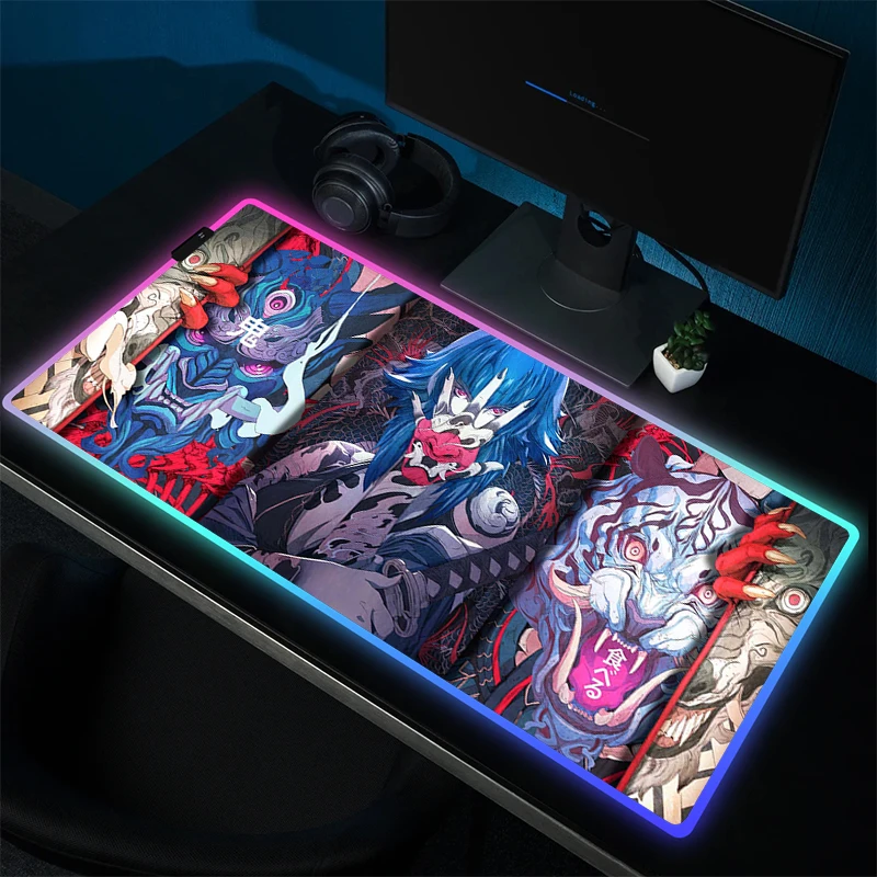 Grand tapis de souris de jeu RGB Oni LED, bureau antidérapant, bord de verrouillage, ordinateur, polymères, Anime, tapis de clavier en caoutchouc