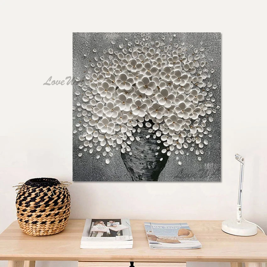 

Modern Flower Vase Painting White Thick Acrylic Texture Floral Wall Handmade Picture Art Unframed Abstract Canvas Painting