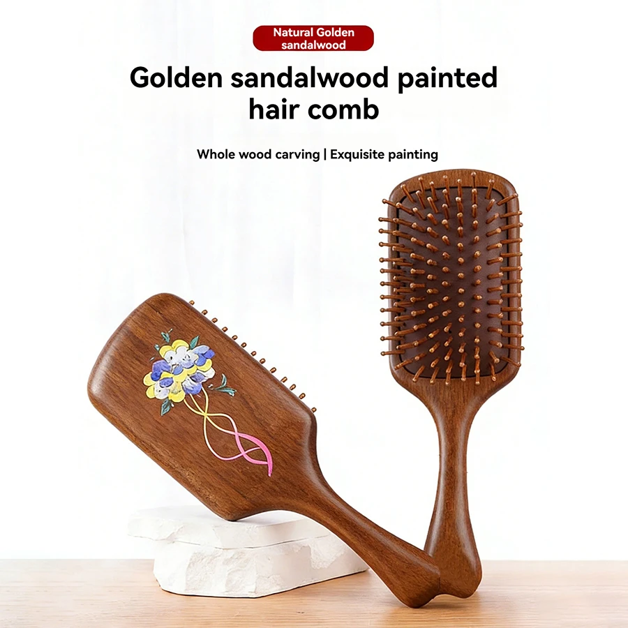 Golden Rosewood Printed Air Cushion Comb, Natural Wood with Silicone Air Cushion 2-in-1 Hair Care