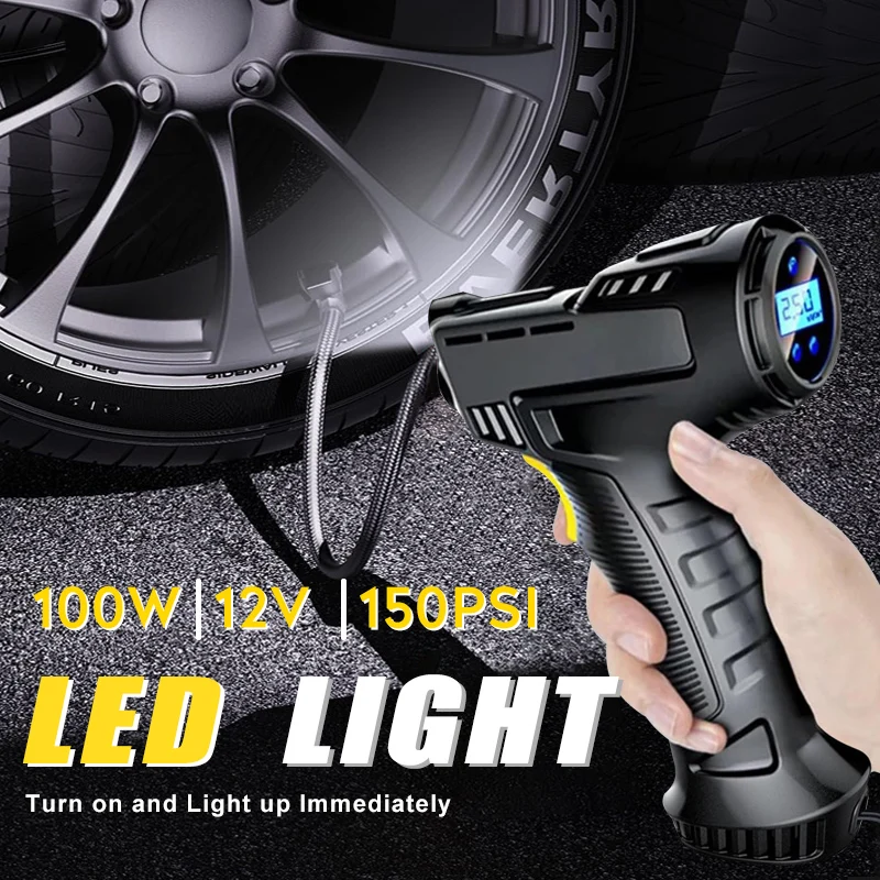 

100W Handheld Air Compressor Inflatable Pump Portable Air Pump 12V Tire Inflator Digital for Car Bicycle Balls Built LED Light