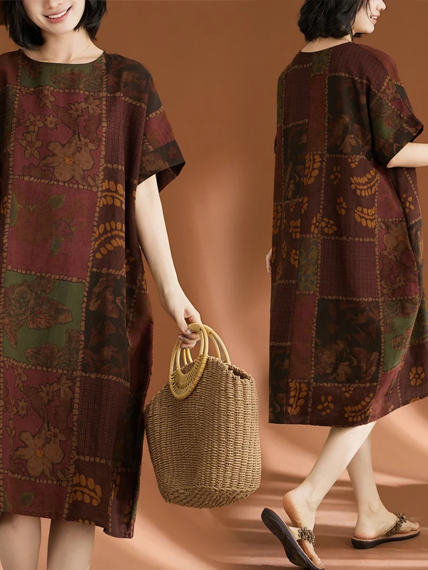 

plus Size Casual Cotton Linen Short Sleeve Dress White Enhancing Artistic Simple Printed Summer Dress for Plump Women