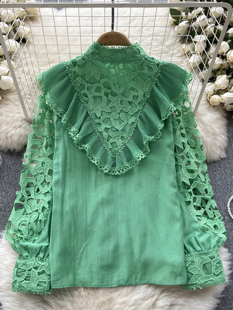 2024 Spring Summer Lace Long lantern sleeve shirt Women Fashion Patchwork hollow out bouse Solid tops Loose Vintage INKEO 3T209