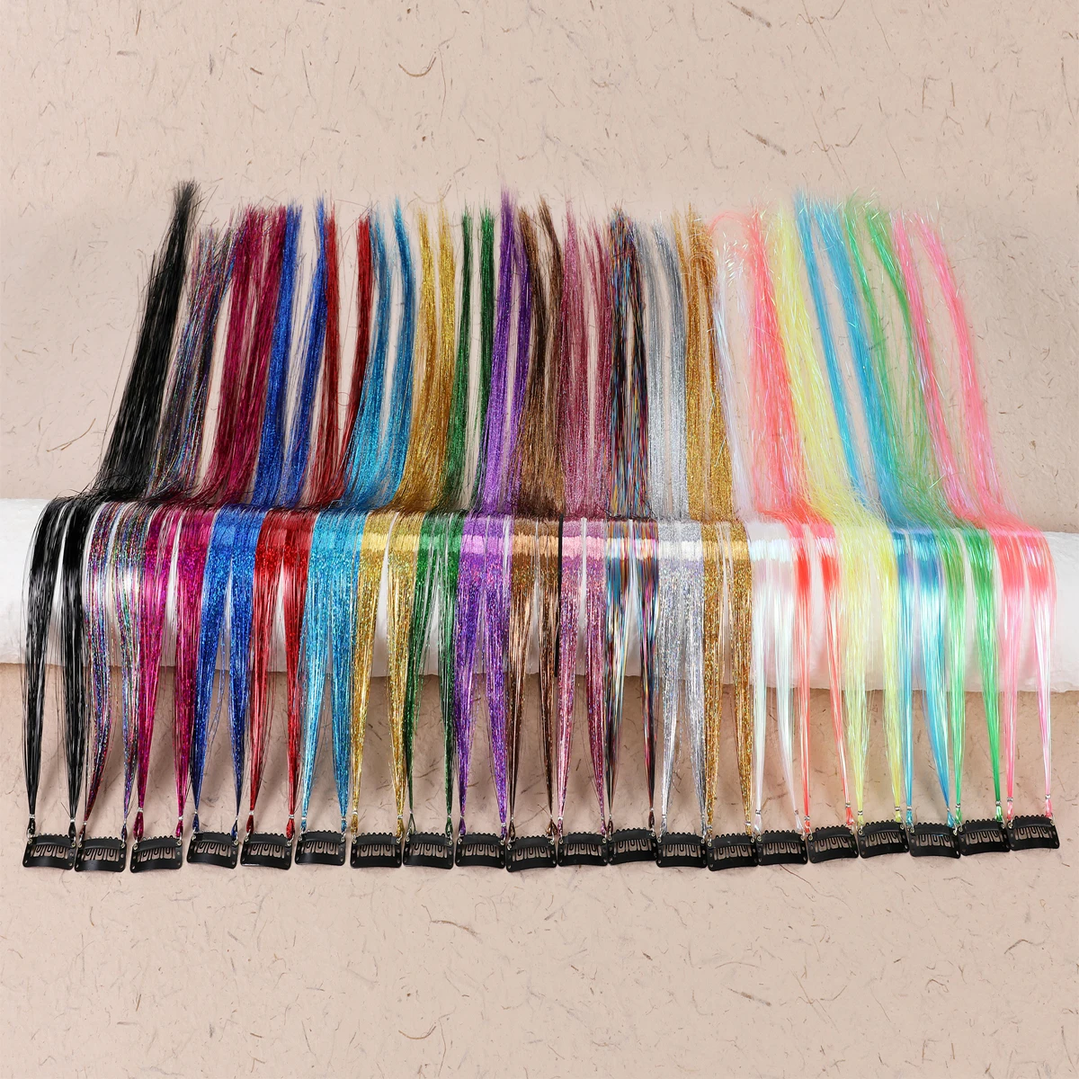 Straight Synthetic Shiny Sparkle Hair Tinsel 1Clip in One Piece Hair Extension Blue Brown Green Pink Highlighted Color