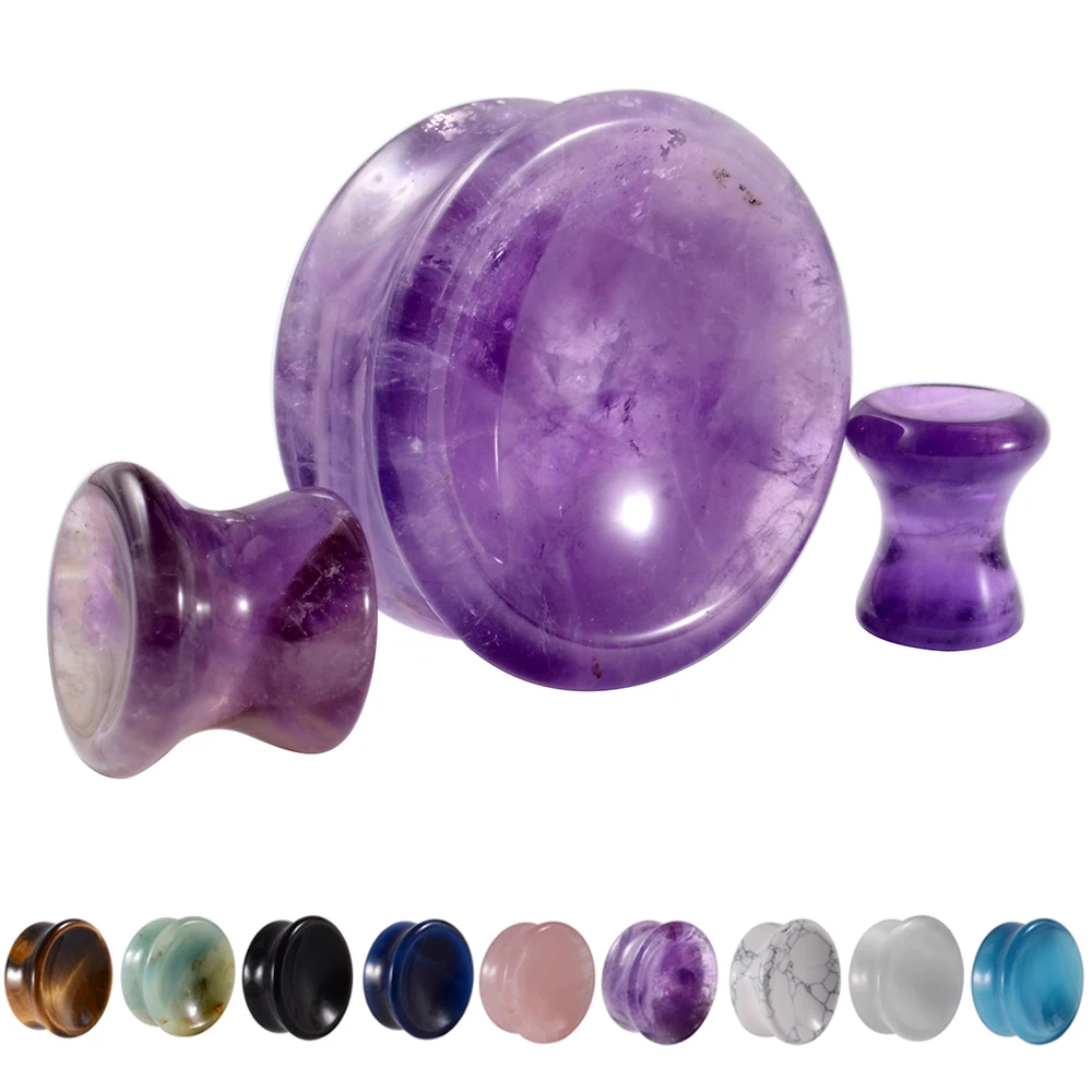 6-25mm Double Flare Dilators Solid Natural Amethyst Quartz Stone Concave Ear Plug Gauge Expander Weights Body  Piercing Jewelry