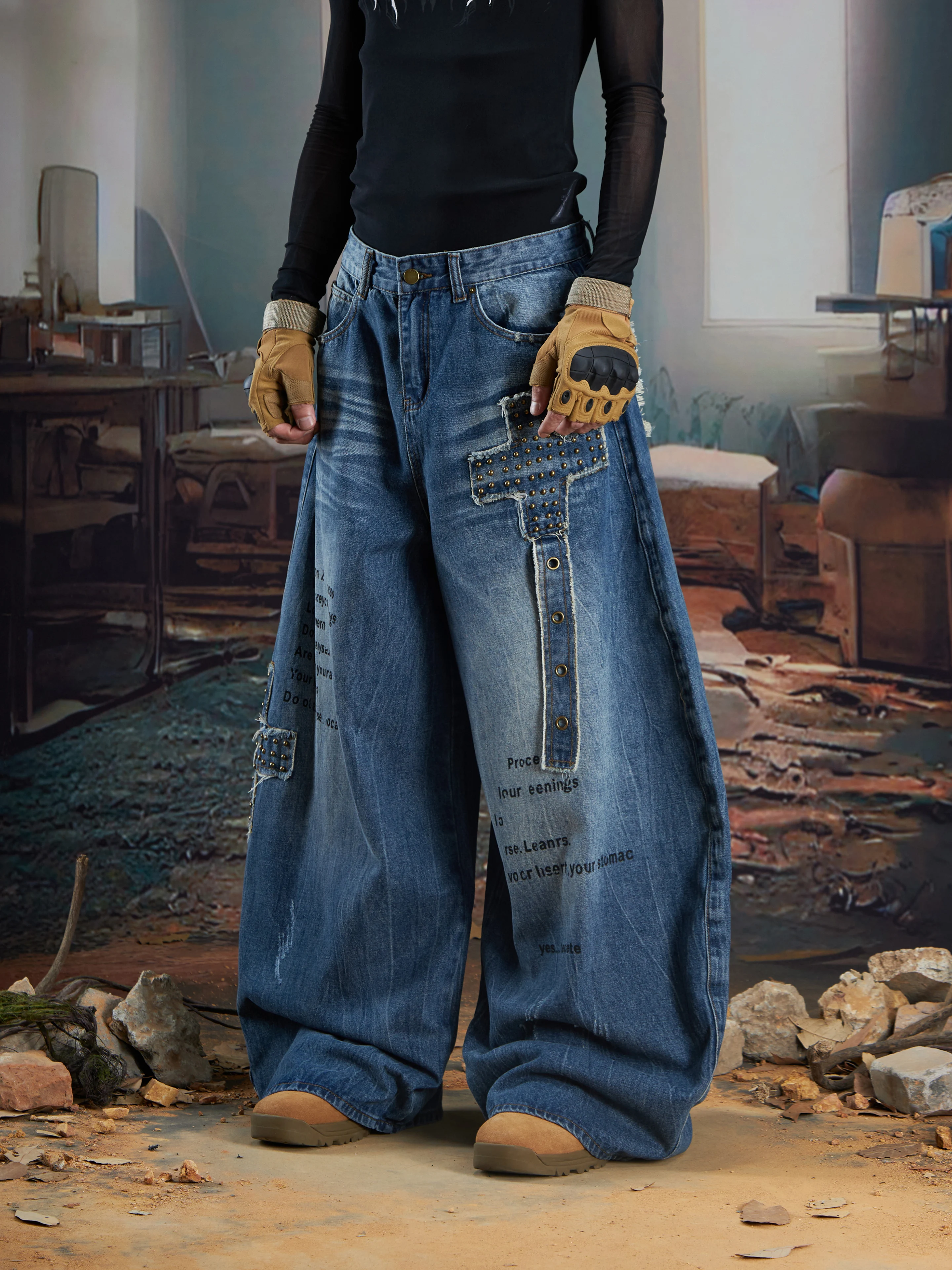 Special-Interest Design Deconstruction Stitching Old Bronze Rivet Cat Must Wash Wide Leg Machete Jeans Men and Women Fashion
