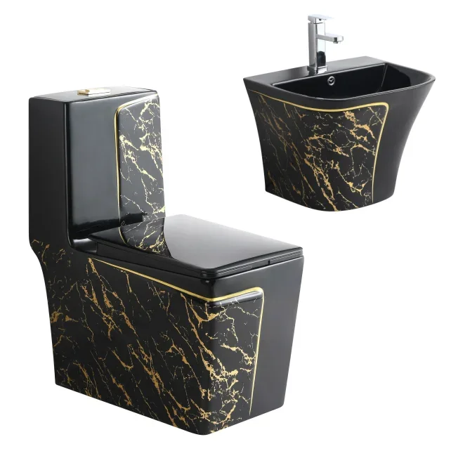 Luxury style gold wire pattern floor standing water toilet wall mounted washbasin bathroom sink square integrated toilet set