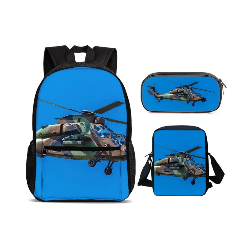 Helicopter large capacity backpack, pencil case shoulder bag 3Pcs set mechanical printing best gift for boys and girls in school