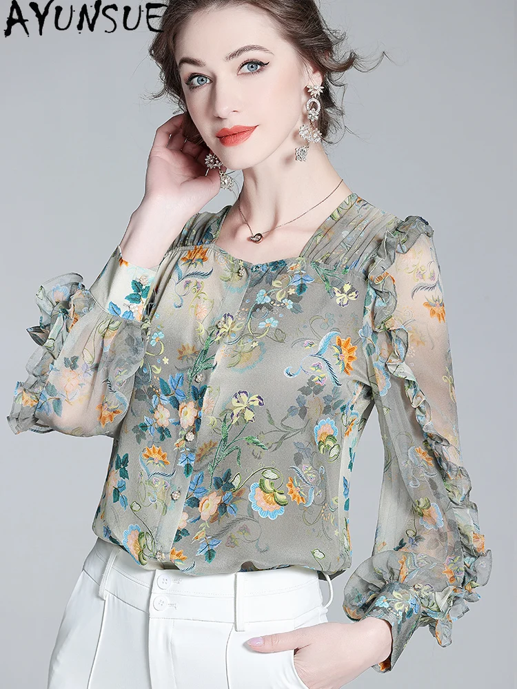 

AYUNSUE Высококачественные топы из 100% тутового шелка, женские элегантные рубашки для женской одежды, 2022, французская осенняя рубашка Lрубашка Женская
