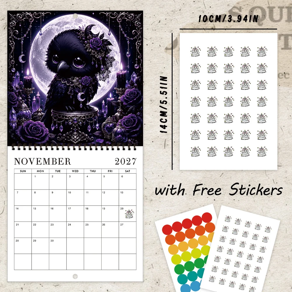 1pc 2027 Gothic Crow Wall Calendar,12‑Month Planner,Gift For Back‑to‑School,Christmas,New Year,Free Stickers Included
