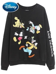 Disney Sweatshirt Retro Donald Duck Mickey Mouse Goofy Pluto Cartoon Print Women Long Sleeve O-Neck Jumper Tops Black Streetwear