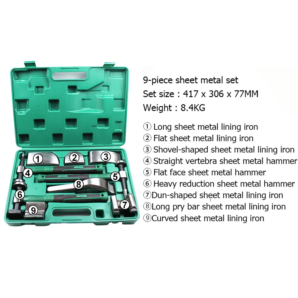 9PCS Set Auto Sheet Metal Tool Concave Hammer Sets Of  Flat Head Horn CN Factory Plastic Box Car Body Dent Repairing ToolsKit