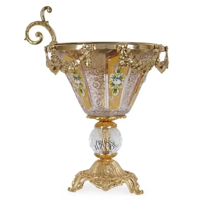 Golden brass incense burner with crystal base floral hand painted details and ornate decorative handles