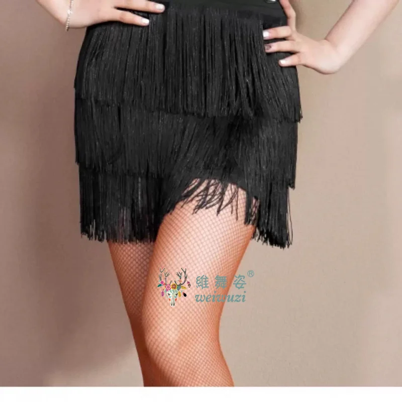 Damen Lateinamerikanischer Tanz Halbrock Trainingsrock Sexy Dreischichtiger Fransen-Tanzkostüm Trainingsanzug Kurzer Rock Schwarz – Detail 7